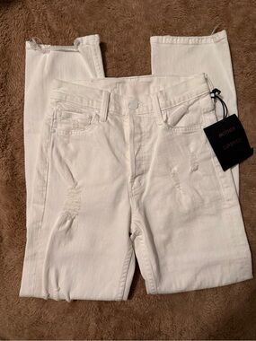 MOTHER White Jeans with Subtle Distress and Branded Tag
